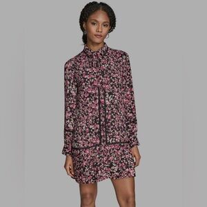 BCBG Black and Pink Floral Midi Dress